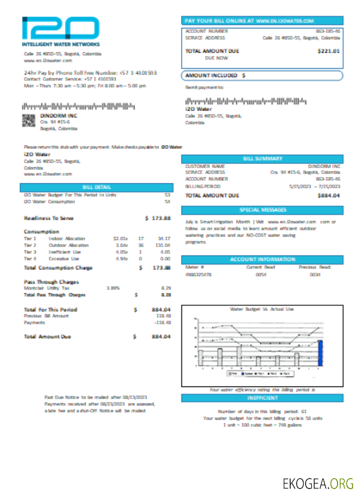 Facture commerciale de service public d'i2O Water (Colombie), SCR